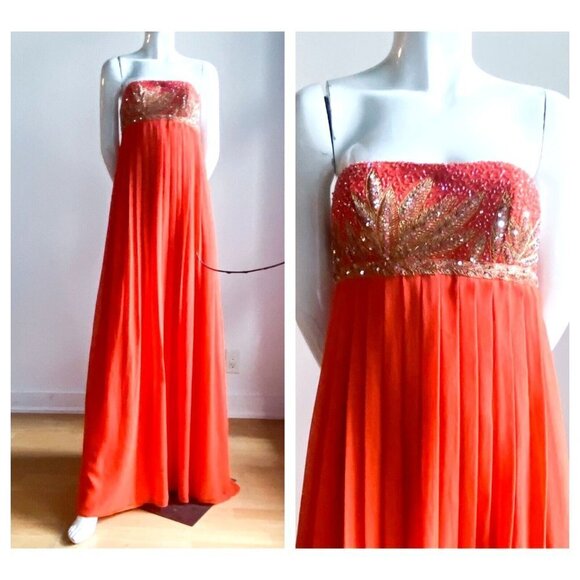 NWT Aidan Mattox Orange Beaded Empire Waist Grecian Silk Chiffon Gown 2 - Picture 1 of 10